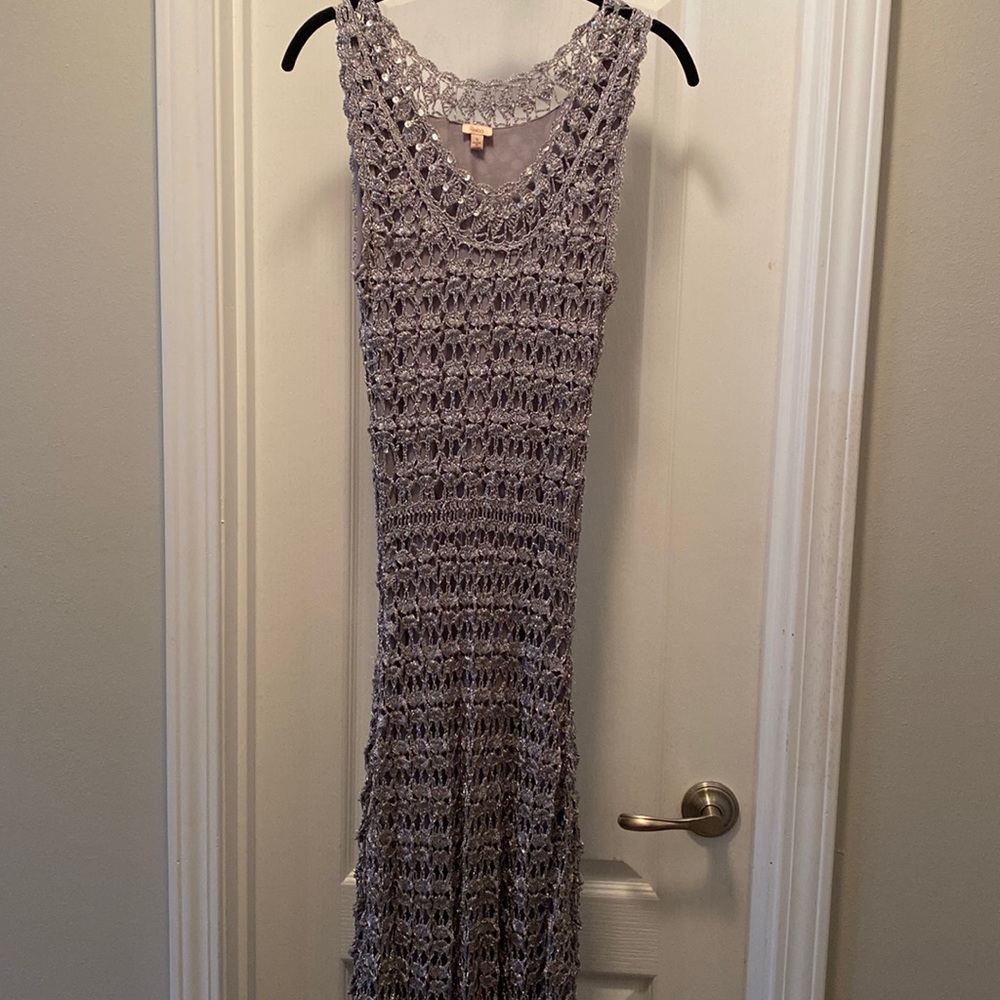 Women's Reba McEntire, small fully lined crochet silver dress.